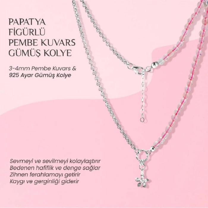 Pembe Kuvars Doğal Taş Gümüş Çiçekli Kolye - 50cm