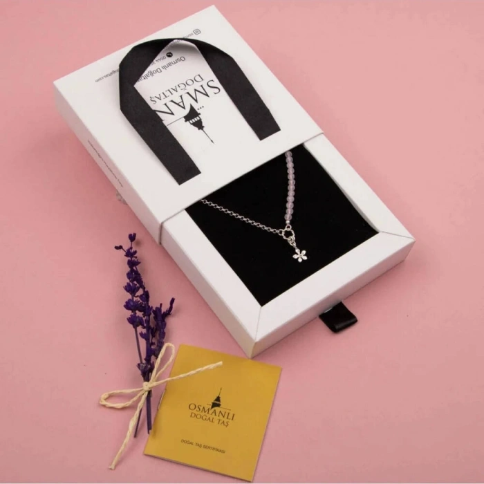 Pembe Kuvars Doğal Taş Gümüş Çiçekli Kolye - 50cm