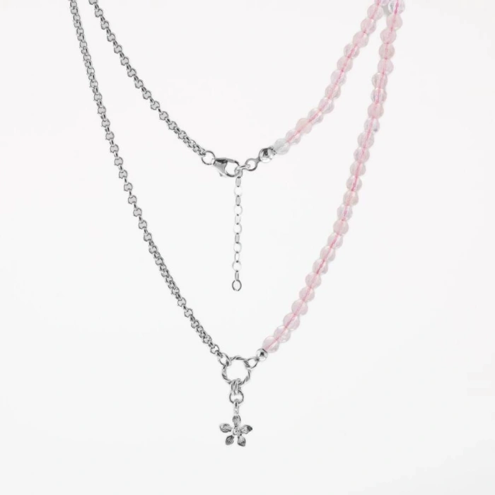 Pembe Kuvars Doğal Taş Gümüş Çiçekli Kolye - 50cm