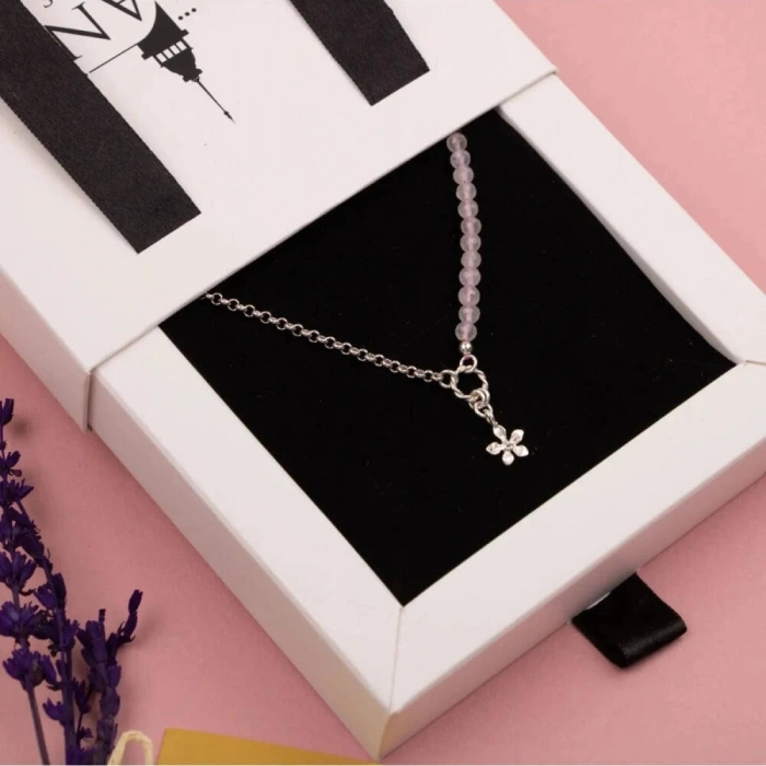 Pembe Kuvars Doğal Taş Gümüş Çiçekli Kolye - 50cm