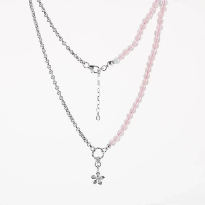 Pembe Kuvars Doğal Taş Gümüş Çiçekli Kolye - 50cm