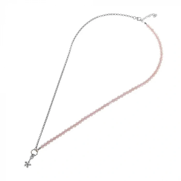 Pembe Kuvars Doğal Taş Gümüş Çiçekli Kolye - 50cm