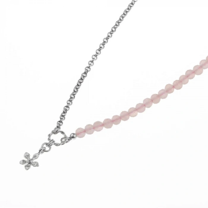 Pembe Kuvars Doğal Taş Gümüş Çiçekli Kolye - 50cm