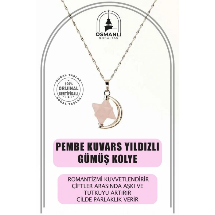Pembe Kuvars Doğal Taş Yıldızlı Kolye, Gümüş Zincir