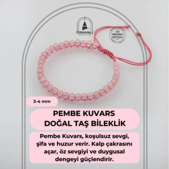 Pembe Kuvars (Gül Kuvars) 3-4mm Çift Sıra Doğal Taş Bileklik