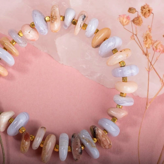 Pembe Opal-Mavi Akik Altın Kaplama Doğal Taş Bileklik