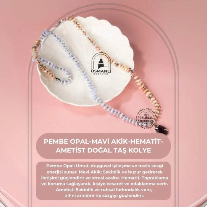 Pembe Opal-Mavi Akik-Hematit-Ametist Doğal Taş Kolye