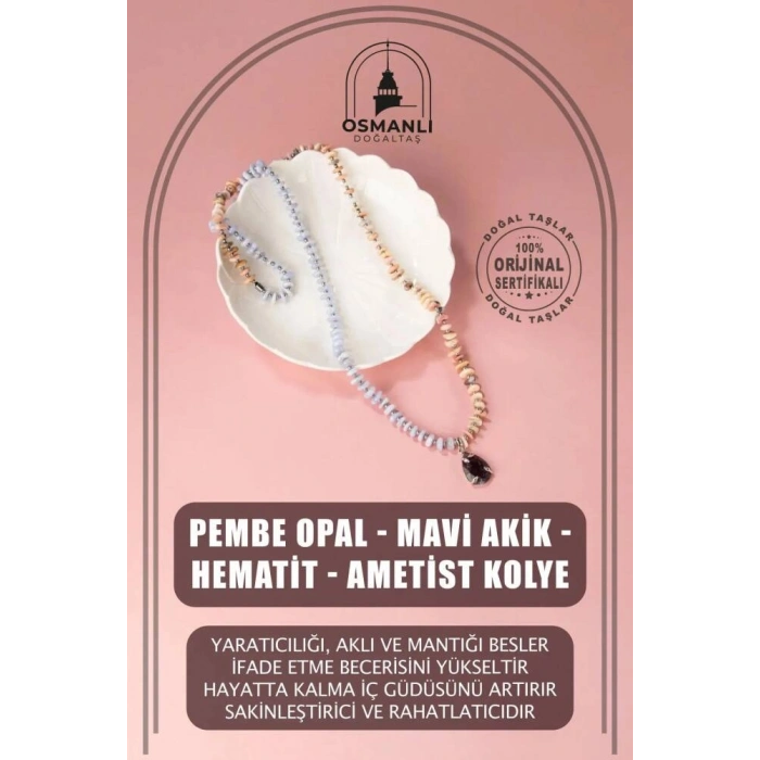 Pembe Opal-Mavi Akik-Hematit-Ametist Doğal Taş Kolye