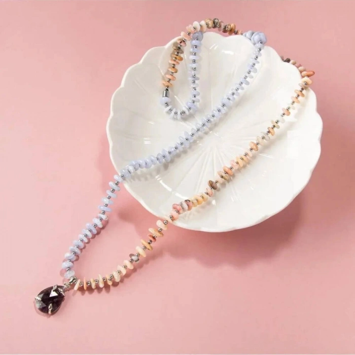 Pembe Opal-Mavi Akik-Hematit-Ametist Doğal Taş Kolye
