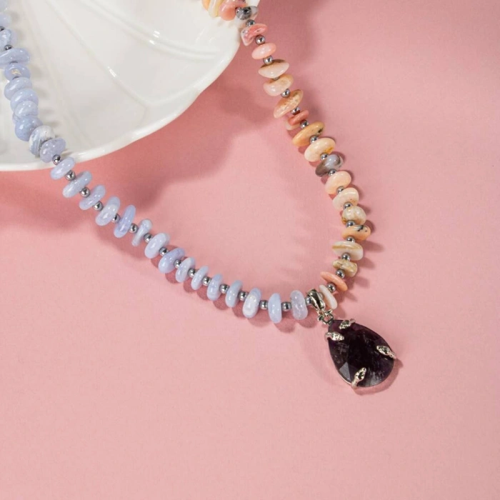 Pembe Opal-Mavi Akik-Hematit-Ametist Doğal Taş Kolye
