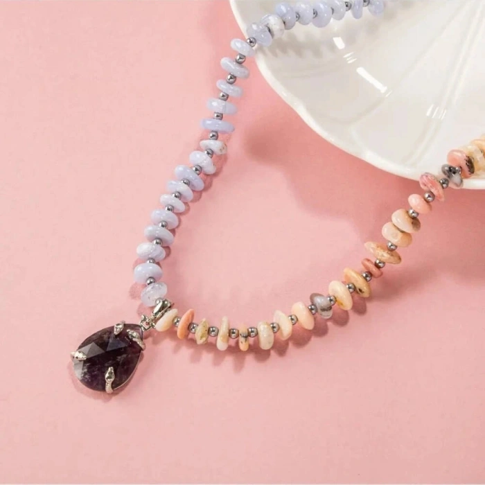 Pembe Opal-Mavi Akik-Hematit-Ametist Doğal Taş Kolye