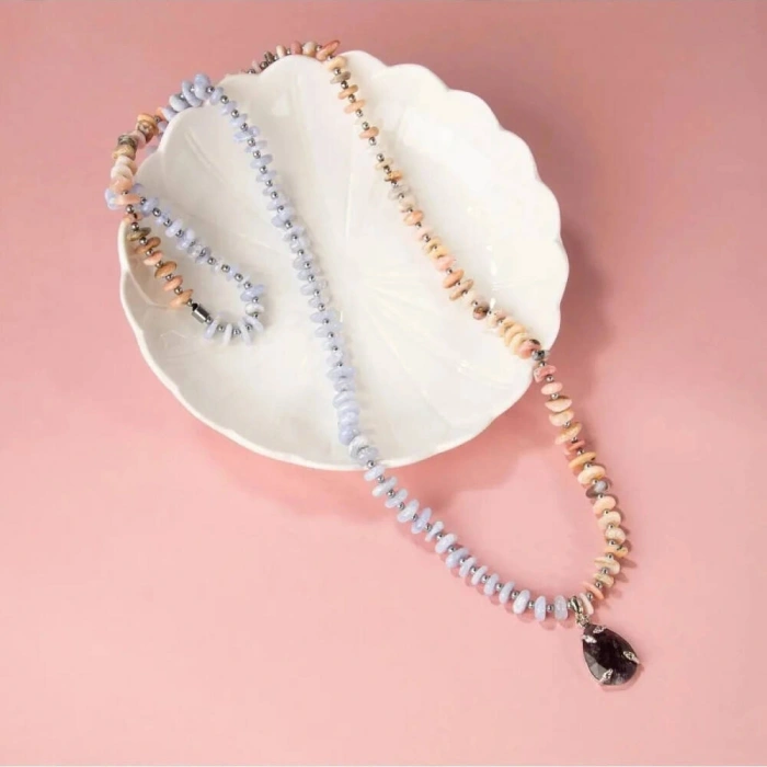 Pembe Opal-Mavi Akik-Hematit-Ametist Doğal Taş Kolye