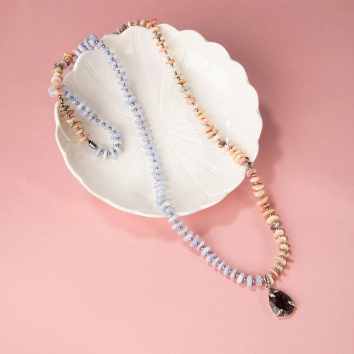 Pembe Opal-Mavi Akik-Hematit-Ametist Doğal Taş Kolye