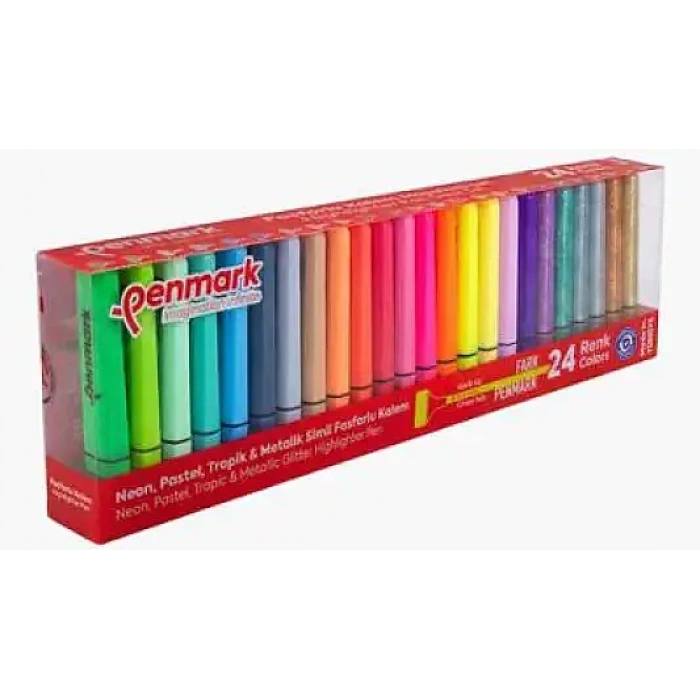 Penmark Fosforlu Neon + Pastel Tropik + Metail Simli Renk Kalem 1-5 mm Kesik Uç 24 Lü