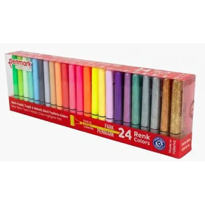 Penmark Fosforlu Neon + Pastel Tropik + Metail Simli Renk Kalem 1-5 mm Kesik Uç 24 Lü