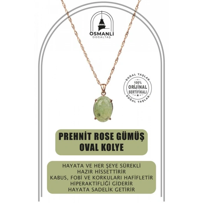 Prehnit Doğal Taş Rose Gümüş Oval Kolye