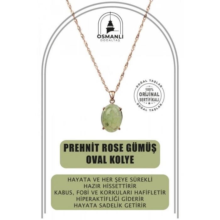 Prehnit Doğal Taş Rose Gümüş Oval Kolye