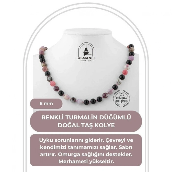Renkli Turmalin 8 mm Düğümlü Doğal Taş Kolye