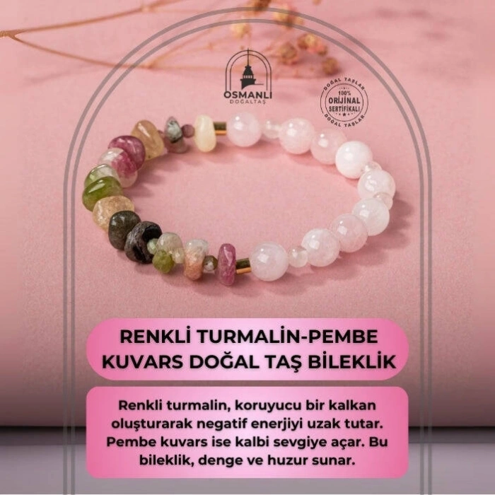 Renkli Turmalin-Pembe Kuvars Doğal Taş Bileklik