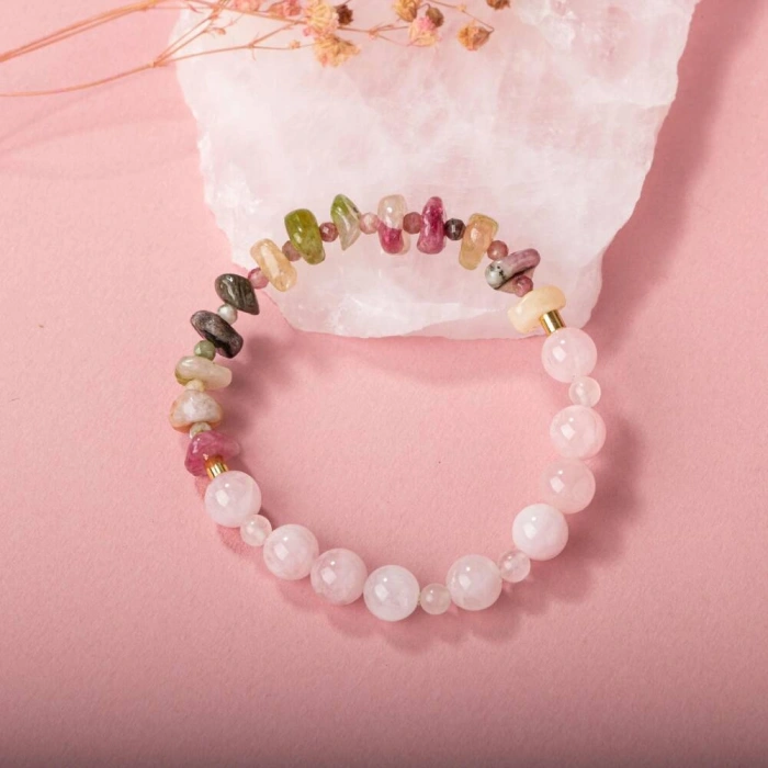 Renkli Turmalin-Pembe Kuvars Doğal Taş Bileklik
