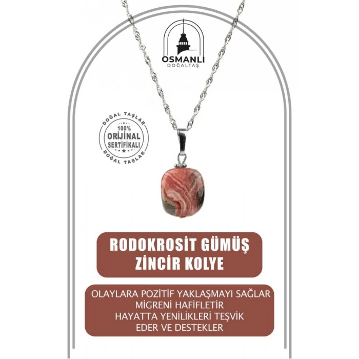 Rodokrozit Doğal Taş Gümüş Zincir Kolye
