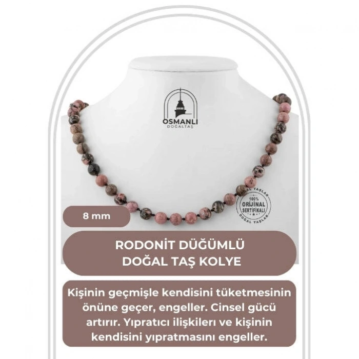 Rodonit 8 mm Düğümlü Doğal Taş Kolye