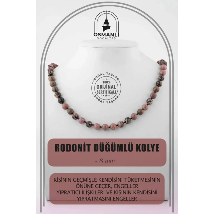 Rodonit 8 mm Düğümlü Doğal Taş Kolye