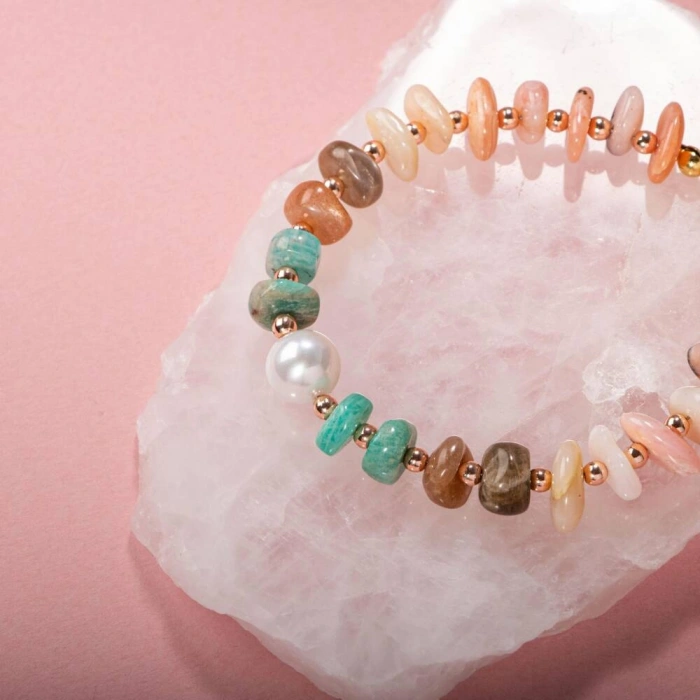 Rodonit-Güneş Taşı-Amozanit-İnci Doğal Taş Bileklik