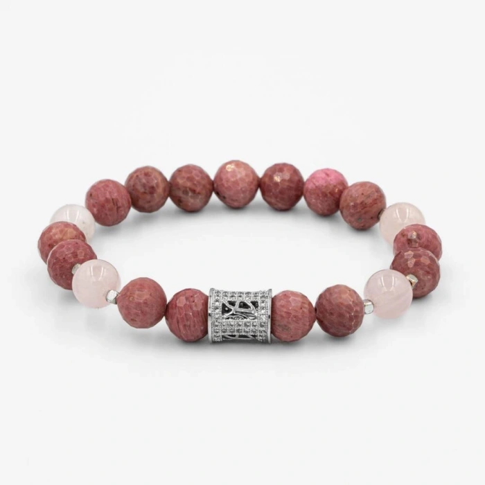 Rodonit-Pembe Kuvars Zirkon Aparat Gümüş Bileklik