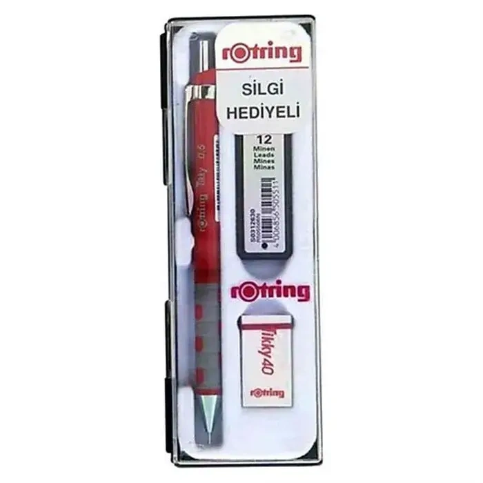 Rotring Tikky Kırmızı Okul Seti Uçlu Kalem + Uç + Silgi 0.5mm 3 Lü Set