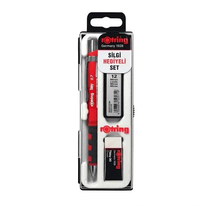 Rotring Tikky Kırmızı Okul Seti Uçlu Kalem + Uç + Silgi 0.7mm 3 Lü Set