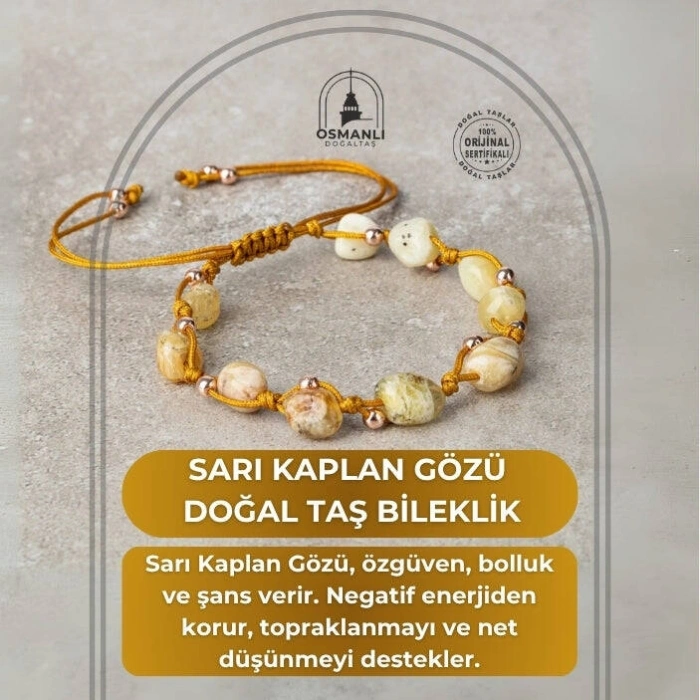 Sarı Kaplan Gözü Natürel Kesim Doğal Taş Makrome Bileklik