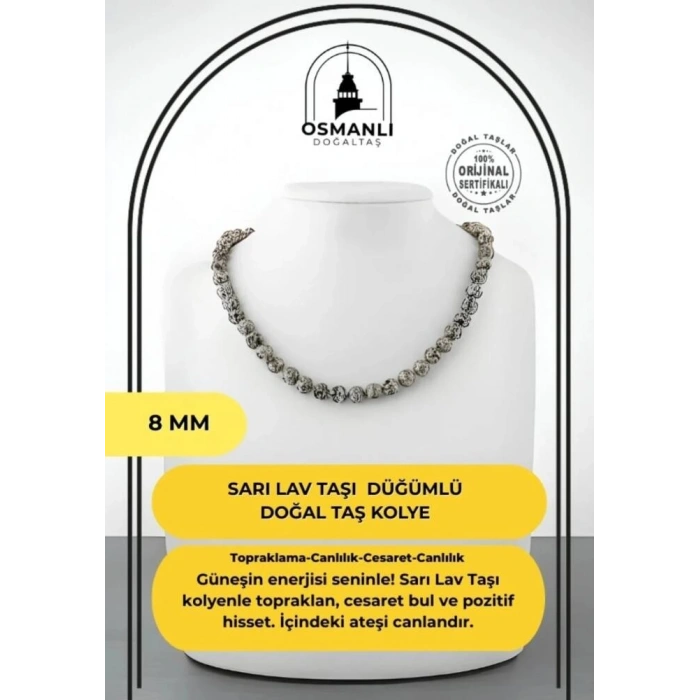 Sarı Lav Taşı 8 mm Düğümlü Doğal Taş Kolye