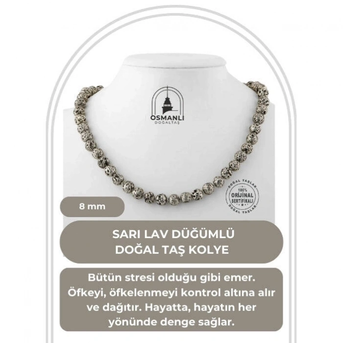 Sarı Lav Taşı 8 mm Düğümlü Doğal Taş Kolye