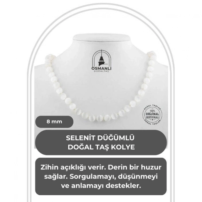 Selenit 8 mm Düğümlü Doğal Taş Kolye