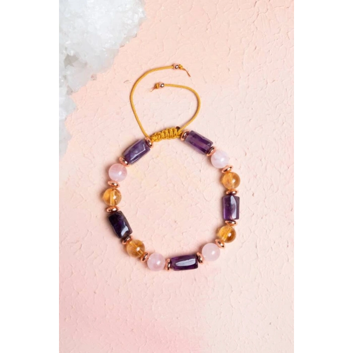 Sertfikalı Ametist,  Sitrin, Pembe Kuvars, Hematit Doğal Taş Bileklik