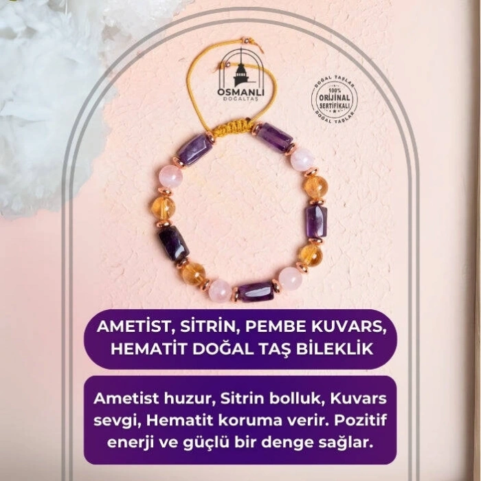 Sertfikalı Ametist,  Sitrin, Pembe Kuvars, Hematit Doğal Taş Bileklik