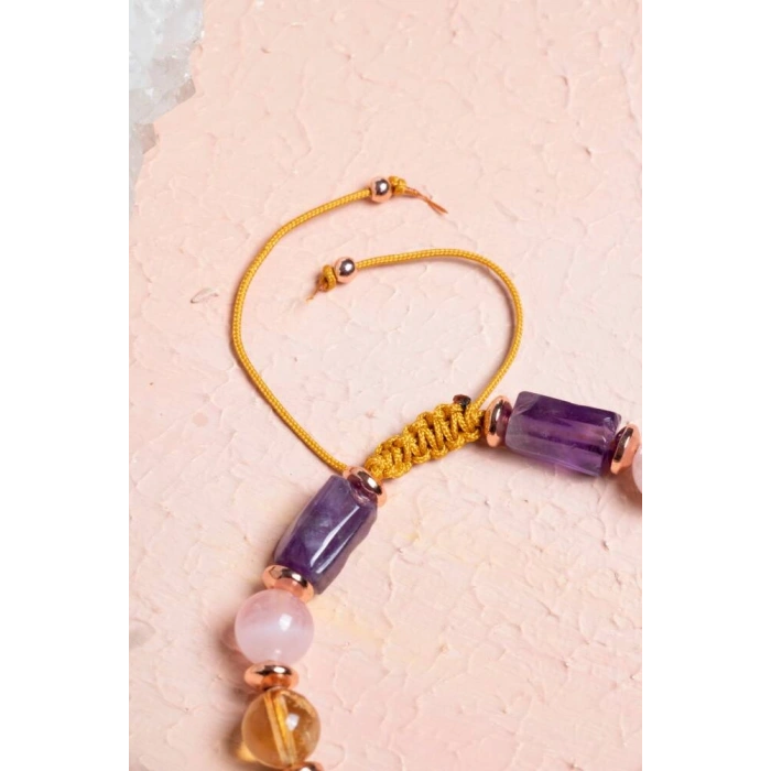 Sertfikalı Ametist,  Sitrin, Pembe Kuvars, Hematit Doğal Taş Bileklik