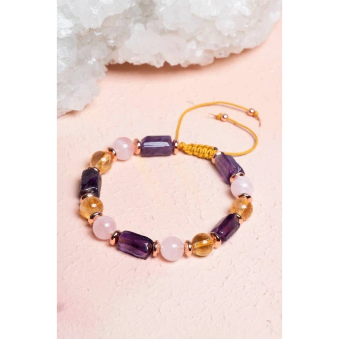 Sertfikalı Ametist,  Sitrin, Pembe Kuvars, Hematit Doğal Taş Bileklik