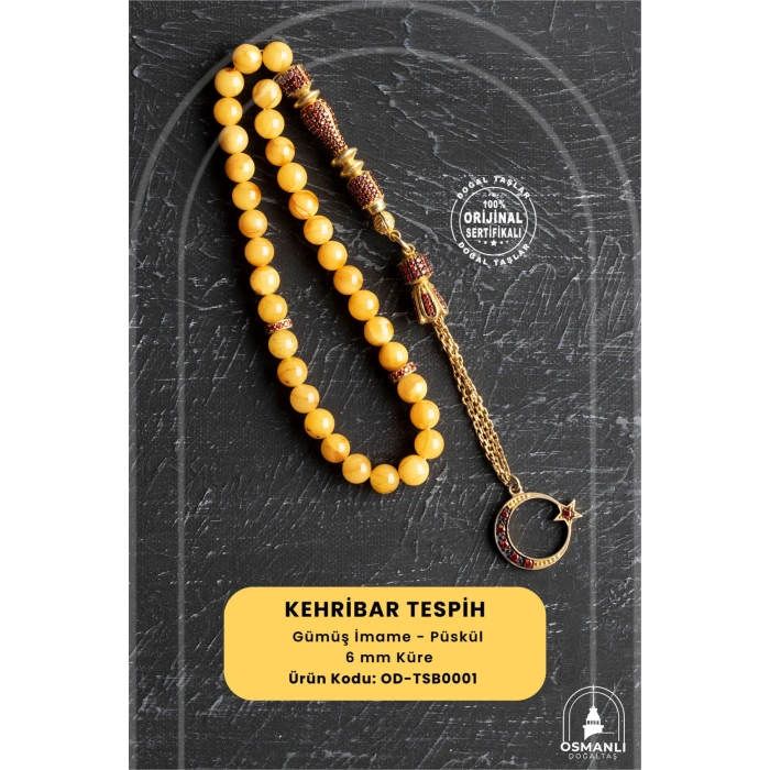 Sertifikalı 7-8 mm Silindir Kesim Gold Eskitme Kaplamalı Gümüş İmame ve Püsküllü Kehribar Tesbih