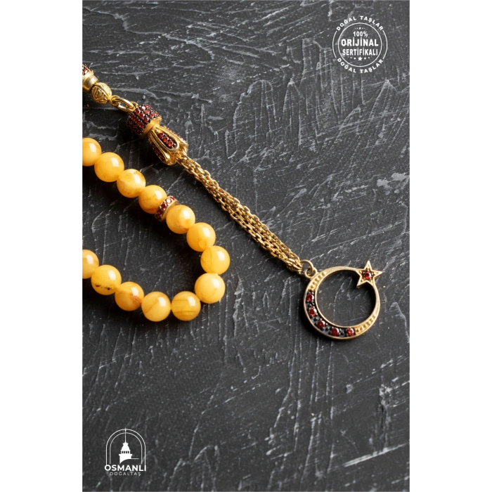 Sertifikalı 7-8 mm Silindir Kesim Gold Eskitme Kaplamalı Gümüş İmame ve Püsküllü Kehribar Tesbih