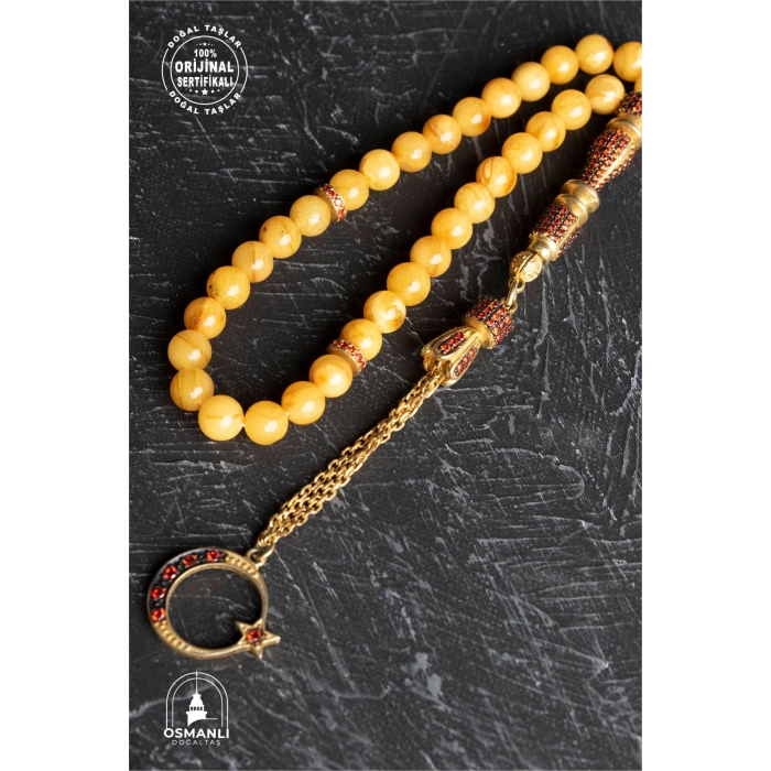 Sertifikalı 7-8 mm Silindir Kesim Gold Eskitme Kaplamalı Gümüş İmame ve Püsküllü Kehribar Tesbih