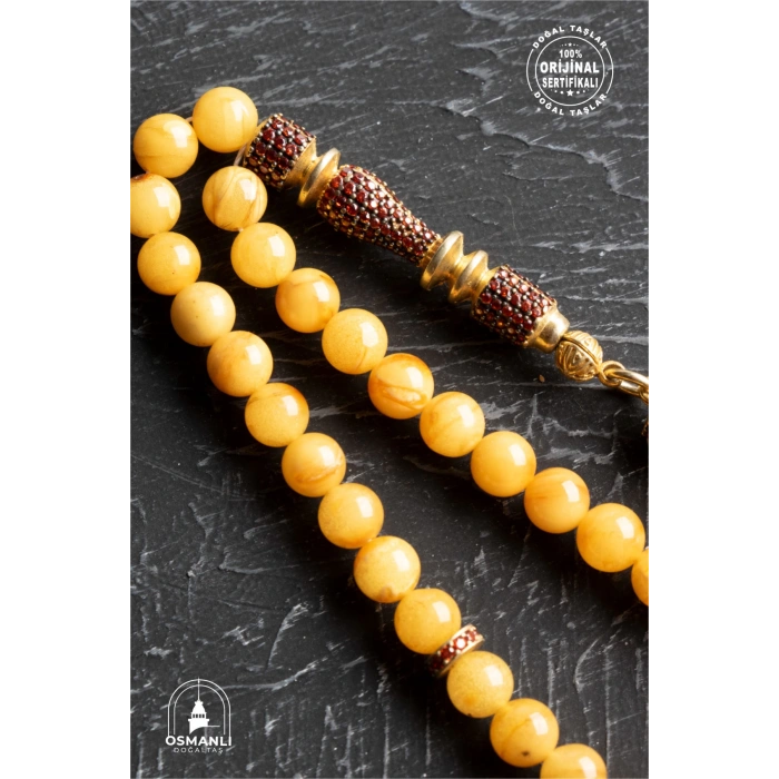 Sertifikalı 7-8 mm Silindir Kesim Gold Eskitme Kaplamalı Gümüş İmame ve Püsküllü Kehribar Tesbih