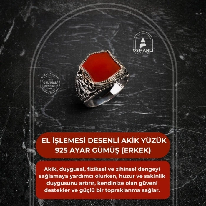 Sertifikalı 925 Ayar El İşlemesi Desenli Akik Yüzük (Erkek)