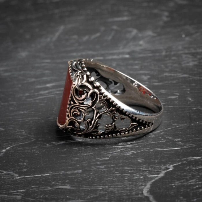 Sertifikalı 925 Ayar El İşlemesi Desenli Akik Yüzük (Erkek)