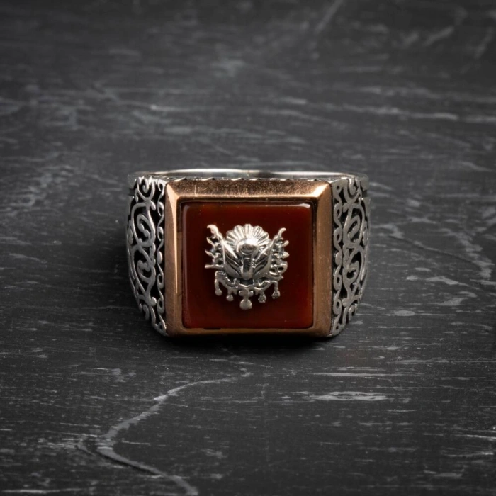 Sertifikalı 925 Ayar Gümüş Osmanlı Tuğra Akik Yüzük (Erkek)