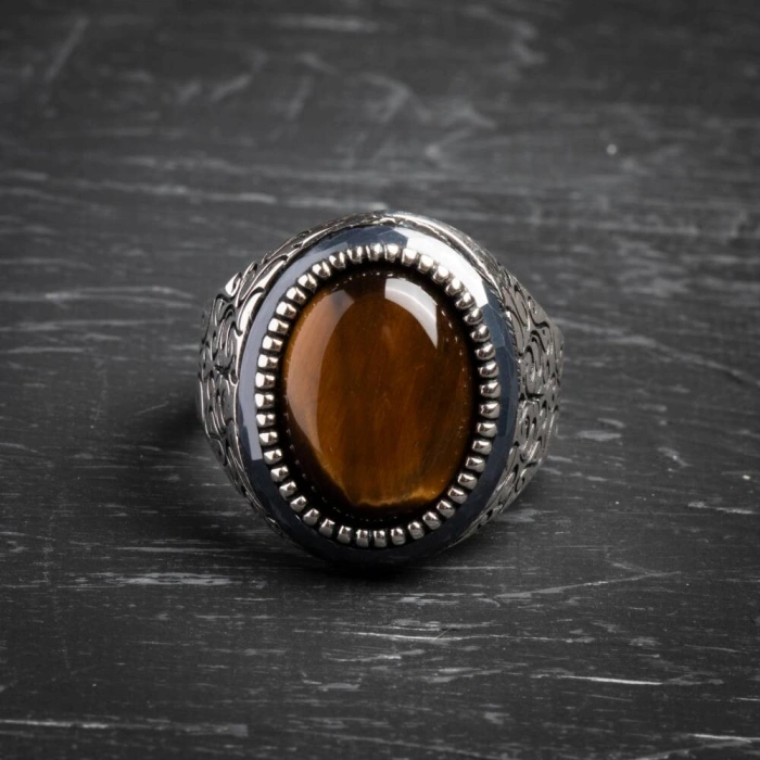 Sertifikalı 925 Ayar Kaplan Gözü Gümüş Yüzük (Erkek)