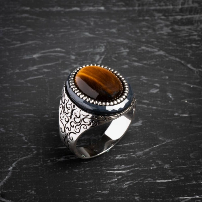 Sertifikalı 925 Ayar Kaplan Gözü Gümüş Yüzük (Erkek)