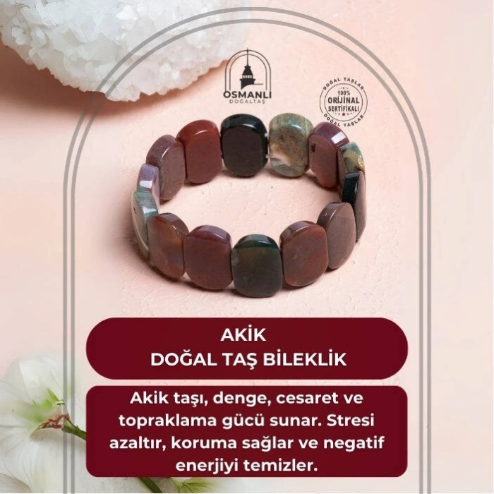 Sertifikalı Akik Geniş Kesim Doğal Taş Bileklik