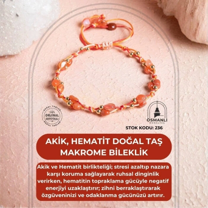 Sertifikalı Akik, Hematit Doğal Taş Makrome Bileklik (SK:236)
